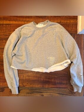 Good American Gray Distressed Cropped Sweatshirt